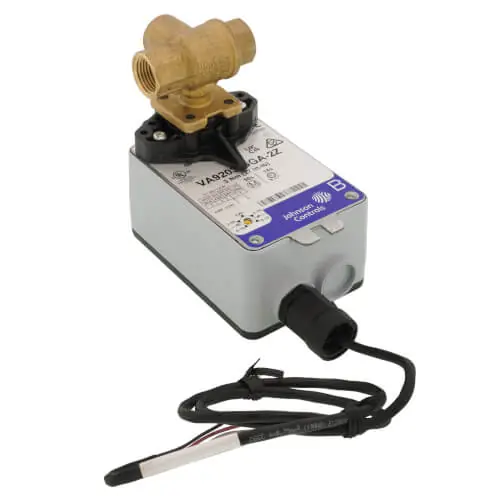 Johnson Controls VG1841AF+923GGA Model VG1841AF Three-Way Plated Brass Trim NPT Ball Valve with Model VA9203-GGA-2Z Port A Open Spring-Return with Electric Actuator
