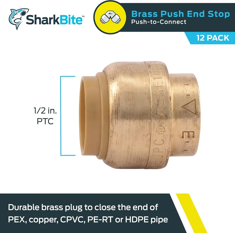SharkBite U514LF 1/2 Inch End Cap Lead-Free DZR Brass Push-Fit Connection for PEX, Copper, CPVC