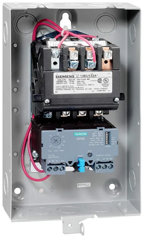 Siemens 14EUE32BA Heavy Duty Motor Starter Solid State Overload Auto/Manual Reset Open Type NEMA 1 General Purpose Enclosure 3 Phase 3 Pole 1-34 Half Size 10-40A Amp Range A1 Frame Size 110-120/220-240 at 60Hz Coil Voltage