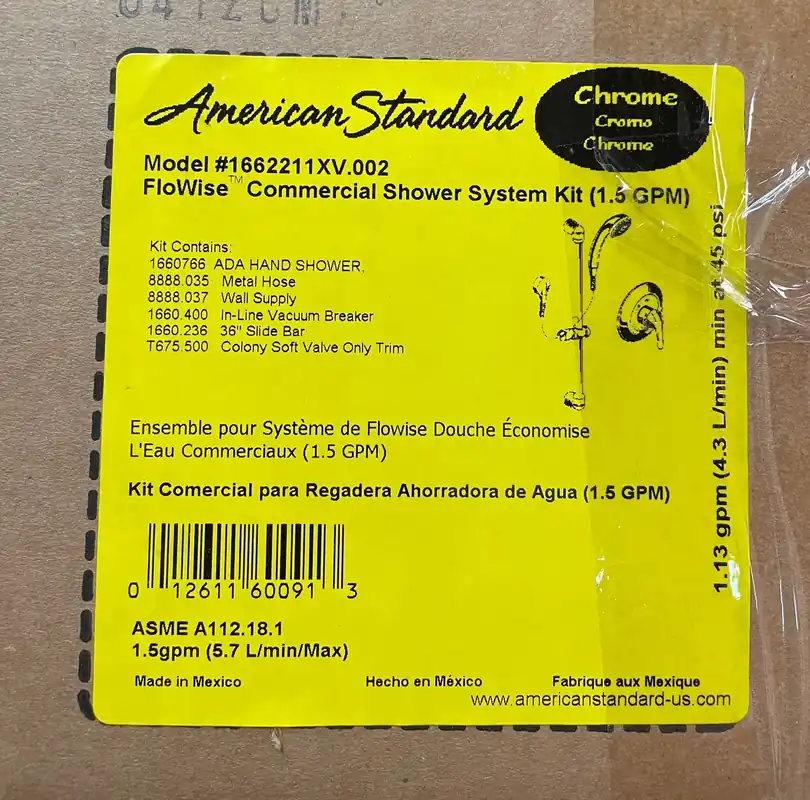 SK0421658-US20260702-105043-0 American Standard 1662211XV.002 1.5 GPM Flowise Chrome Commercial Shower System Kit - Image 1