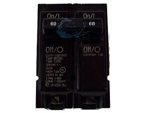 EATON BR260 Type BR Plug-On Circuit Breaker, 240 VAC, 60 Amp, 10 kAIC, 2-Pole