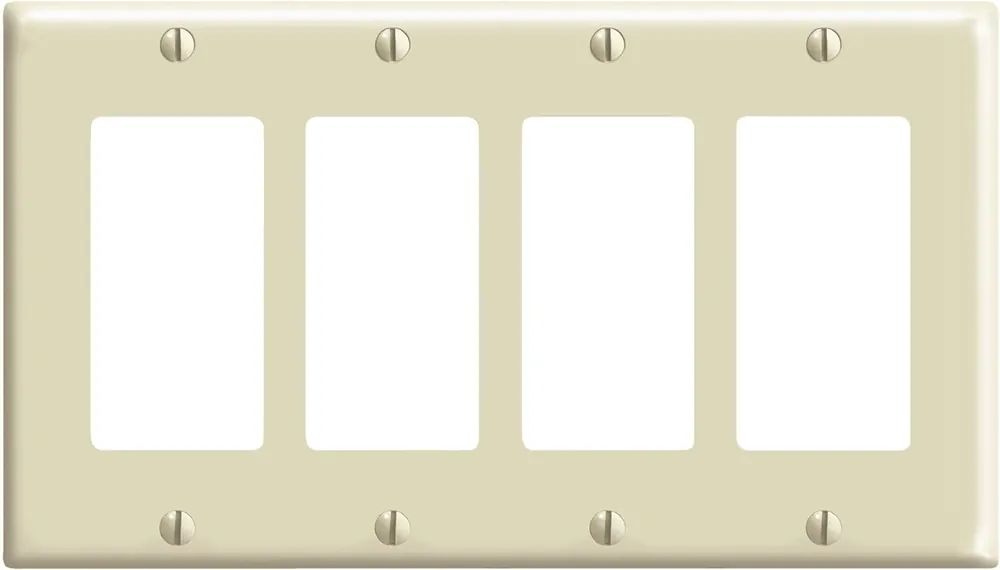 Leviton 80412-I 4-Gang Decora Wallplate, Standard Size, Thermoset, Device Mount, Ivory