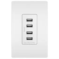 Pass & Seymour TM8USB4WCC6 USB Charger, 125 Volt AC/5 Volt DC, 4-Port Charger