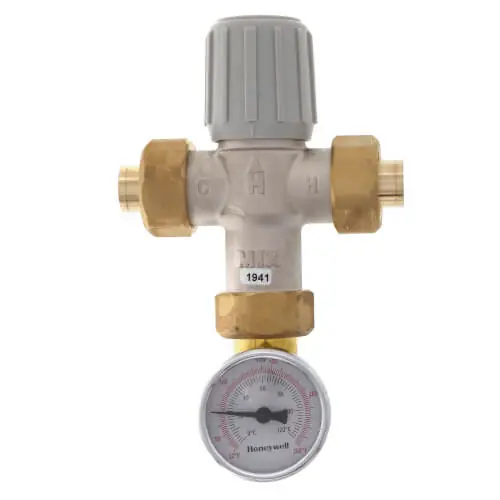 Resideo Braukmann AM100-USTG-1LF 1/2 Lead Free Union Sweat Mixing Valve w/ Temperature Gauge (70-145F)