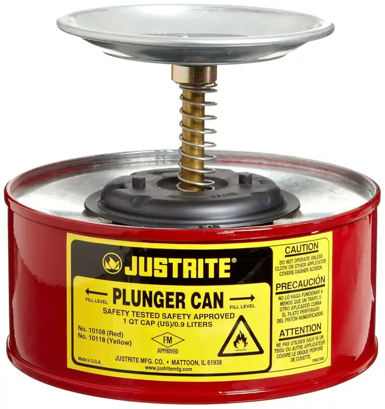 Justrite 10108 1 Quart Red Galvanized Steel Safety Plunger Can with Brass Ryton Plunger Assembly