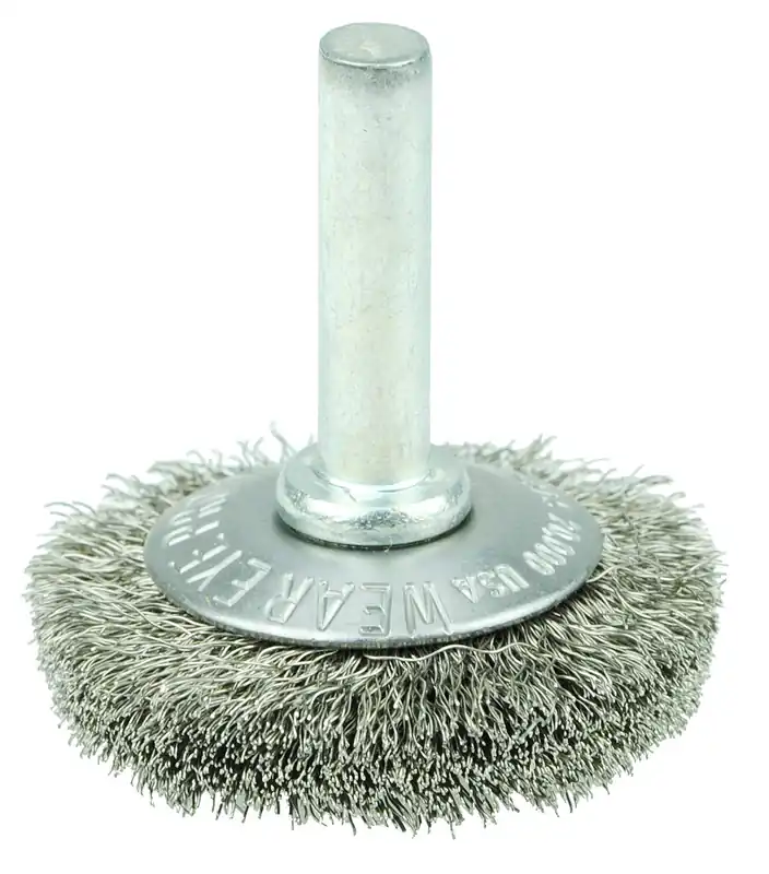 SK0441566-US20260702-105043-0 Weiler 17930 1-1/2 Stem-Mounted Concave Crimped Wire Wheel .006 Stainless Steel Fill 1/4 Stem - Image 1