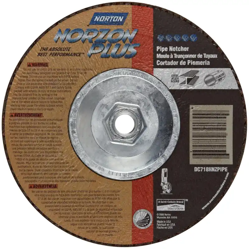 Norton 66253049066 Norzon Plus Pipe Notcher Depressed Center Abrasive Wheel Type 27 Zirconia Alumina 9 Diameter x 1/8 Thickness