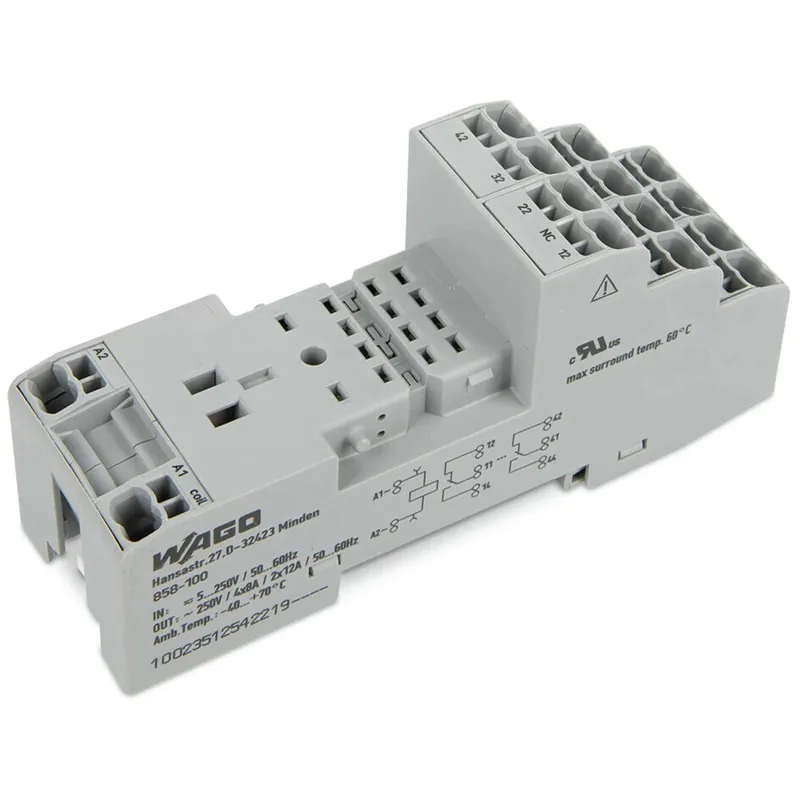 SK0451010-US20260702-105043-0 WAGO 858-100 Rly. Base / Socket Module with Lever - Control Voltage 250Vac/250Vdc - Rated Current 12A - Din Rail Mounting - Image 1